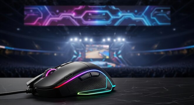 Closeup of a gaming mouse with colorful led lights on a black mousepad, set against a backdrop of a vibrant esports arena stage