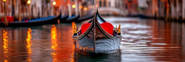 Gondola floating on Venice canal at sunset