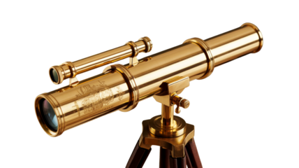 Antique brass telescope on a tripod against a black background