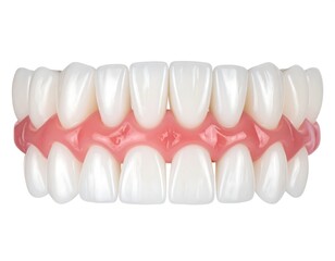 Obraz premium A close-up of complete dentures, showcasing the upper and lower arches with pristine white teeth and pink gums, set against a clean white background