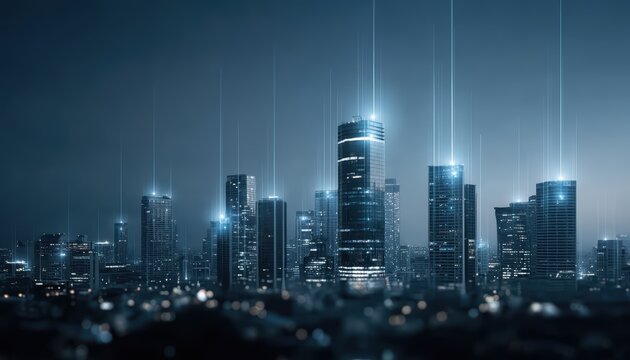 Modern Cityscape, Tech Network, Futuristic Skyline, Urban Design