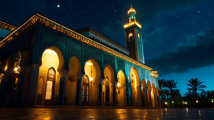 Enchanting view of the illuminated mosque at night, showcasing its architectural beauty and spiritual ambiance under the starry sky in marrakech, morocco