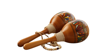 Two wooden maracas with colorful decorative patterns on a black background