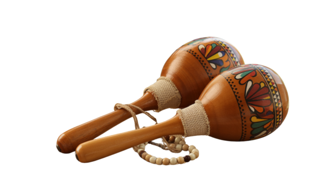 Two wooden maracas with colorful decorative patterns on a black background