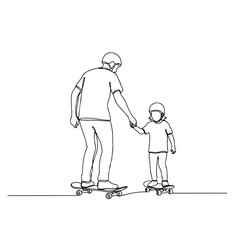 One line skateboard activity showing a father and child enjoying their sport together. Father and child demonstrate active family life, while the father teaches child the importance of skate activity.