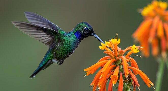 Hummingbird hovering near vibrant orange flower, nature's beauty