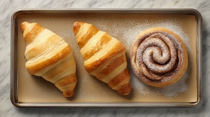 Delicious baked goods on a tray with fresh croissants and a cinnamon roll served in a cozy bakery setting