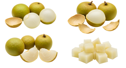 Fresh longan fruit with peeled segments and diced pieces isolated on white background, nutritious tropical fruit perfect for healthy snacks