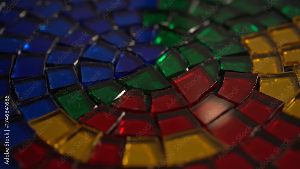 Sticker abstract seamlessly looping video of vibrant colored glass shards forming a mosaic pattern with slow
