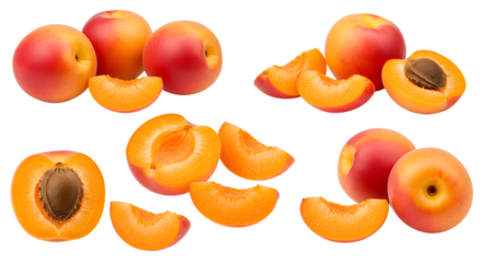 Fresh ripe apricots with halves and slices isolated on white background, healthy summer fruit perfect for cooking and snacking