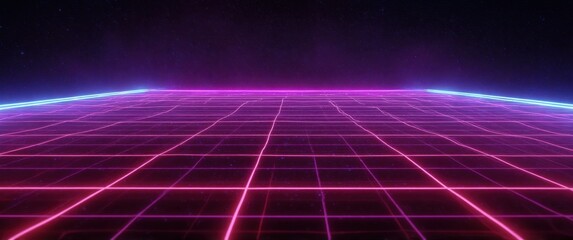 Futuristic digital grid landscape with glowing neon lines and vibrant horizon