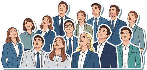 Diverse Business Professionals Looking Upward with Hope, Flat Vector Illustration