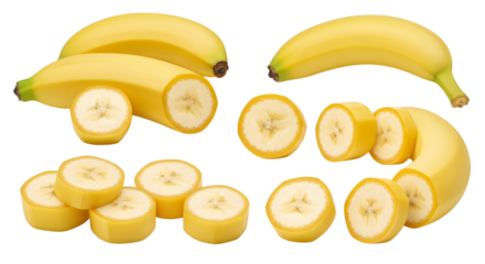 Fresh ripe yellow bananas and banana slices isolated on white background, healthy tropical fruit perfect for smoothies and snacks