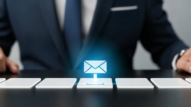 Business owner clicks on the email icon above the digital button. Message automation and communication flow as a concept.