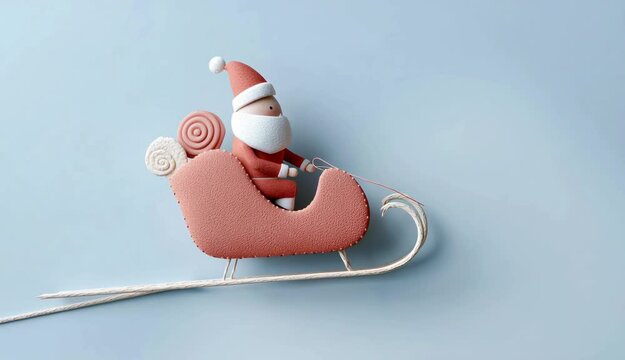 Footage of Santa Clause riding giant gingerbread cookie sleigh, fun cartoon style, bright pastel sky with copy space, Christmas Seasons Greetings