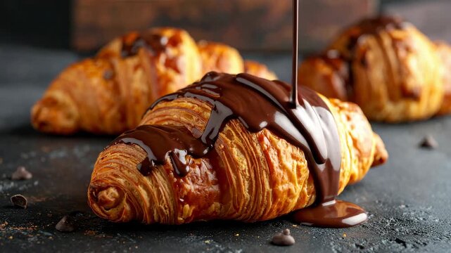 Melted dark chocolate sauce is being drizzled over a fresh, flaky, golden croissant on a dark, textured surface.