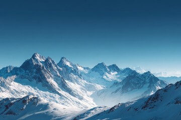 Obraz premium Spectacular view of snow-capped mountains under a clear blue sky, showcasing the majestic beauty of the alpine landscape on a bright winter day, a serene natural panorama.