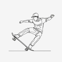 Fototapeta premium Skateboard trick outlined in simple line, skateboard trick illustration. Active skateboard trick shows energy, movement, and style in continuous outline, perfect for sports branding.