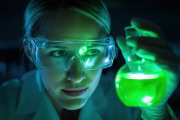 Scientist Analyzing Glowing Green Liquid in Laboratory Experiment at Night.