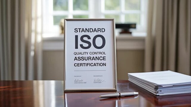 Elegant frame displays ISO certificate next to stack of documents. Formal accreditation and customer trust as a concept.