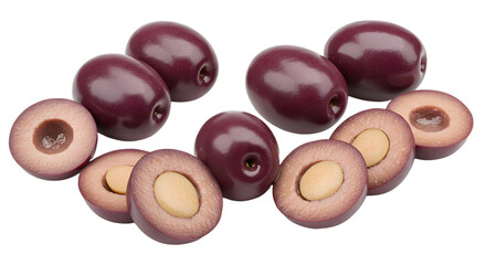 Close-up of shiny juicy chocolate-covered almonds with some cut in half showing the nut inside, perfect for dessert presentations