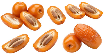 Close-up of fresh and dried date fruits with seeds isolated on white background, perfect for healthy eating and natural food concepts