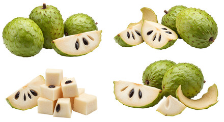Fresh cherimoya fruits whole and sliced with cherimoya fruit cubes isolated on white background, healthy tropical fruit perfect for food and nutrition content
