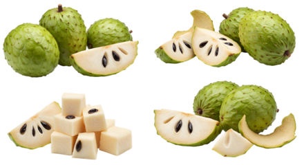 Fresh cherimoya fruits whole and sliced with cherimoya fruit cubes isolated on white background, healthy tropical fruit perfect for food and nutrition content