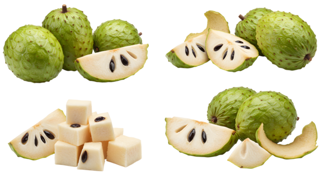 Fresh cherimoya fruits whole and sliced with cherimoya fruit cubes isolated on white background, healthy tropical fruit perfect for food and nutrition content