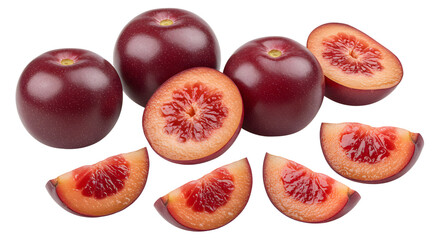 Fresh juicy blood plums whole and sliced with vibrant red flesh isolated on white background, perfect for healthy food and recipe concepts