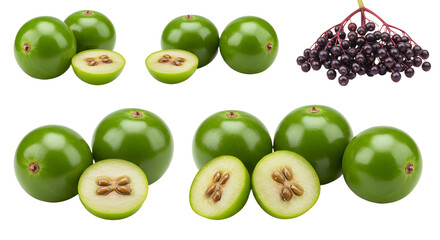 Fresh green physalis fruit with cut halves showing seeds and elderberries cluster isolated on white background, perfect for healthy food presentations