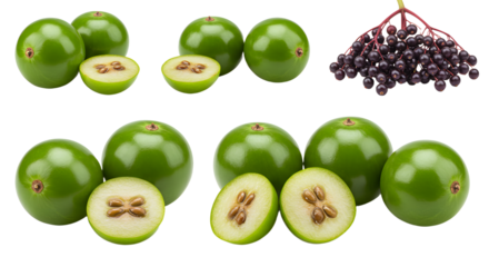 Fresh green physalis fruit with cut halves showing seeds and elderberries cluster isolated on white background, perfect for healthy food presentations