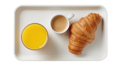 Breakfast Tray: An inviting morning spread on a pristine tray, featuring a golden croissant, a vibrant glass of orange juice, and a steaming cup of coffee, promising a delightful start to the day.