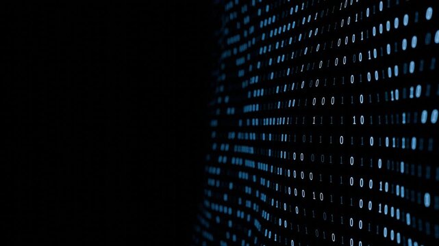 Flowing Binary Code Data Stream For  Digital Communication, Cybersecurity, Artificial Intelligence,  and Machine Learning. Seamless loop background. Created using non-AI 3d Software
