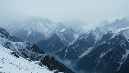 Obraz premium A vast mountain range during a gentle snowfall, wrapped in mist
