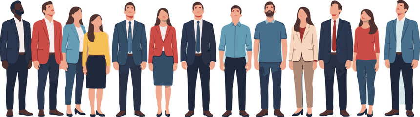 Minimalist Vector Illustration of Business Professionals Standing in Line, Looking Upwards