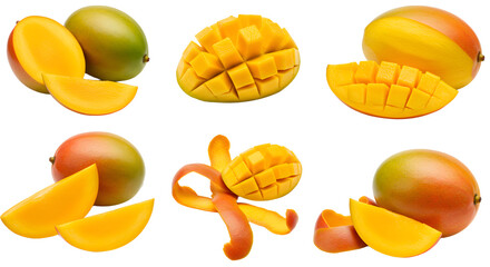 Fresh ripe mango fruits with sliced and peeled pieces isolated on white background, tropical fruit perfect for healthy recipes and smoothies