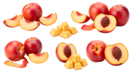 Fresh ripe peaches and sliced peach pieces isolated on white background, healthy summer fruit perfect for recipes and snacks