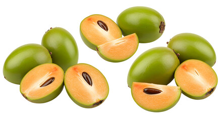 Fresh sapodilla fruits whole and halved with visible seeds isolated on white background, tropical fruit for healthy eating and cooking