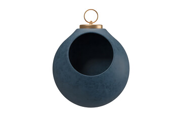 Dark blue, round ornament with a gold top and an open side.