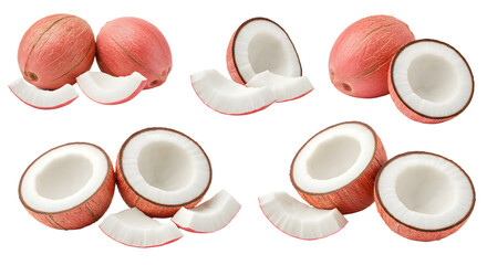 Fresh whole and cracked coconuts with white coconut meat isolated on white background, tropical fruit perfect for healthy recipes