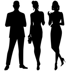 Three business elegant silhouettes of high society people. Man and two women corporate diverse team in formal attire.