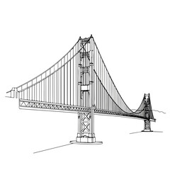 Fototapeta premium Isolated line drawing of suspension bridge perfect for architectural illustration, showcasing its engineering design and structural elegance. Suspension bridge artwork highlights cable layout, towers,
