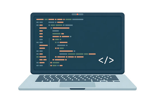 Laptop screen displays lines of code with angle brackets, symbolizing programming.