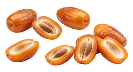 Close-up of whole and halved dried dates on white background, high quality food photography suitable for healthy eating and cooking content