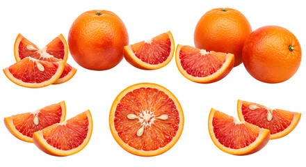 Fresh whole and sliced blood oranges arranged on white background, rich in vitamin C and antioxidants, perfect for healthy recipes and food presentations