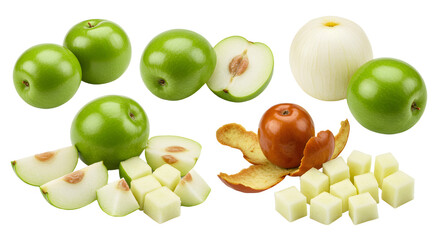Fresh whole and sliced Indian gooseberries (amla) with peeled segments and cubes on white background, perfect for healthy eating and natural remedies