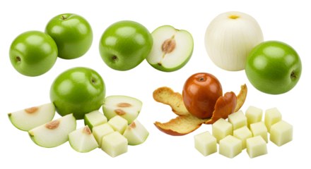 Fresh whole and sliced Indian gooseberries (amla) with peeled segments and cubes on white background, perfect for healthy eating and natural remedies