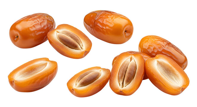 Close-up of whole and halved dried dates on white background, high quality food photography suitable for healthy eating and cooking content