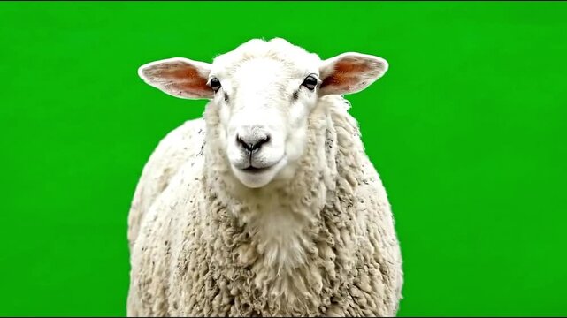 A sheep baaing and shaking its head, isolated on a green screen background.